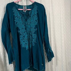 Johnny Was Teal embroidered blouse